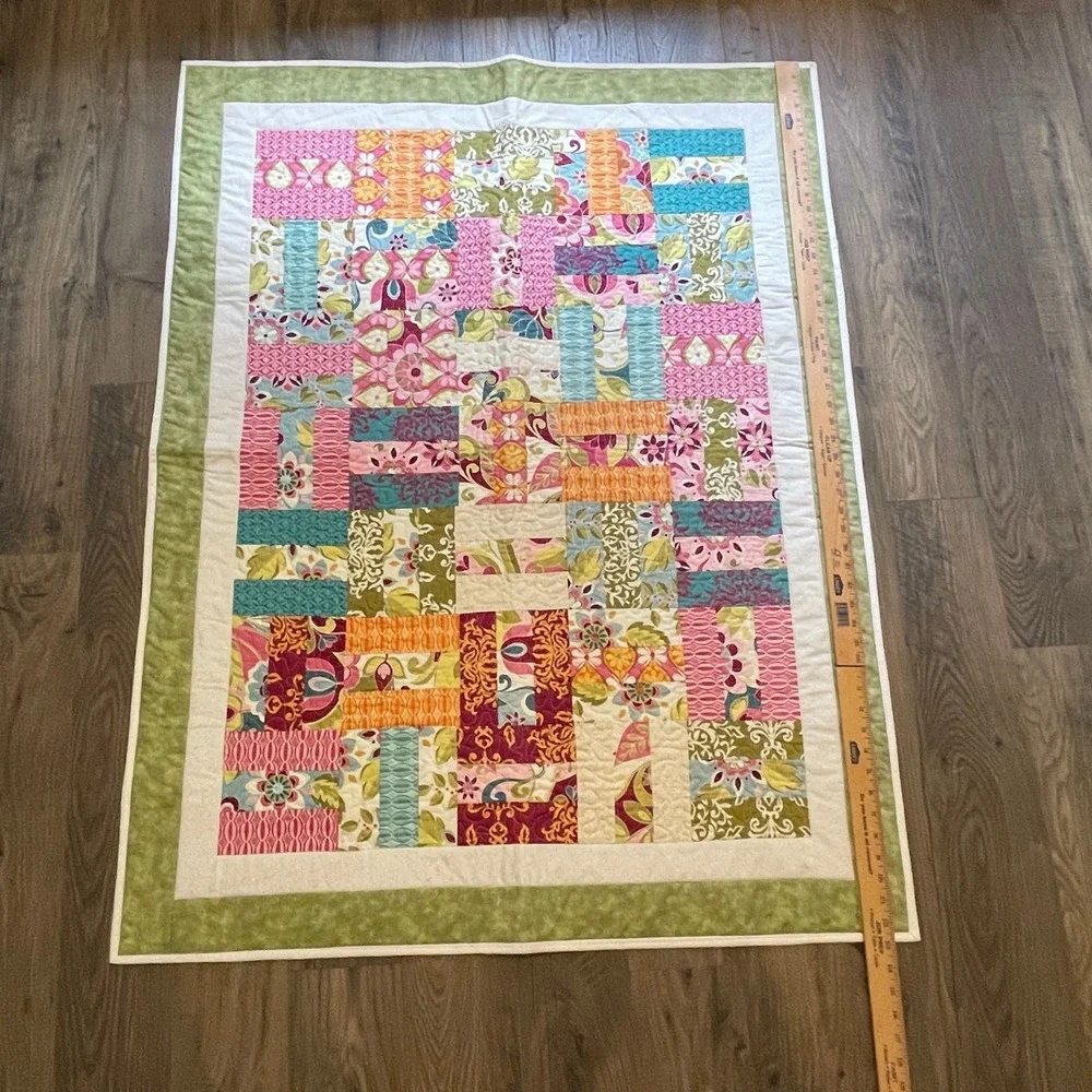 Handmade Floral Patchwork Quilt Pink Green Orange Teal Lap Blanket 36x52